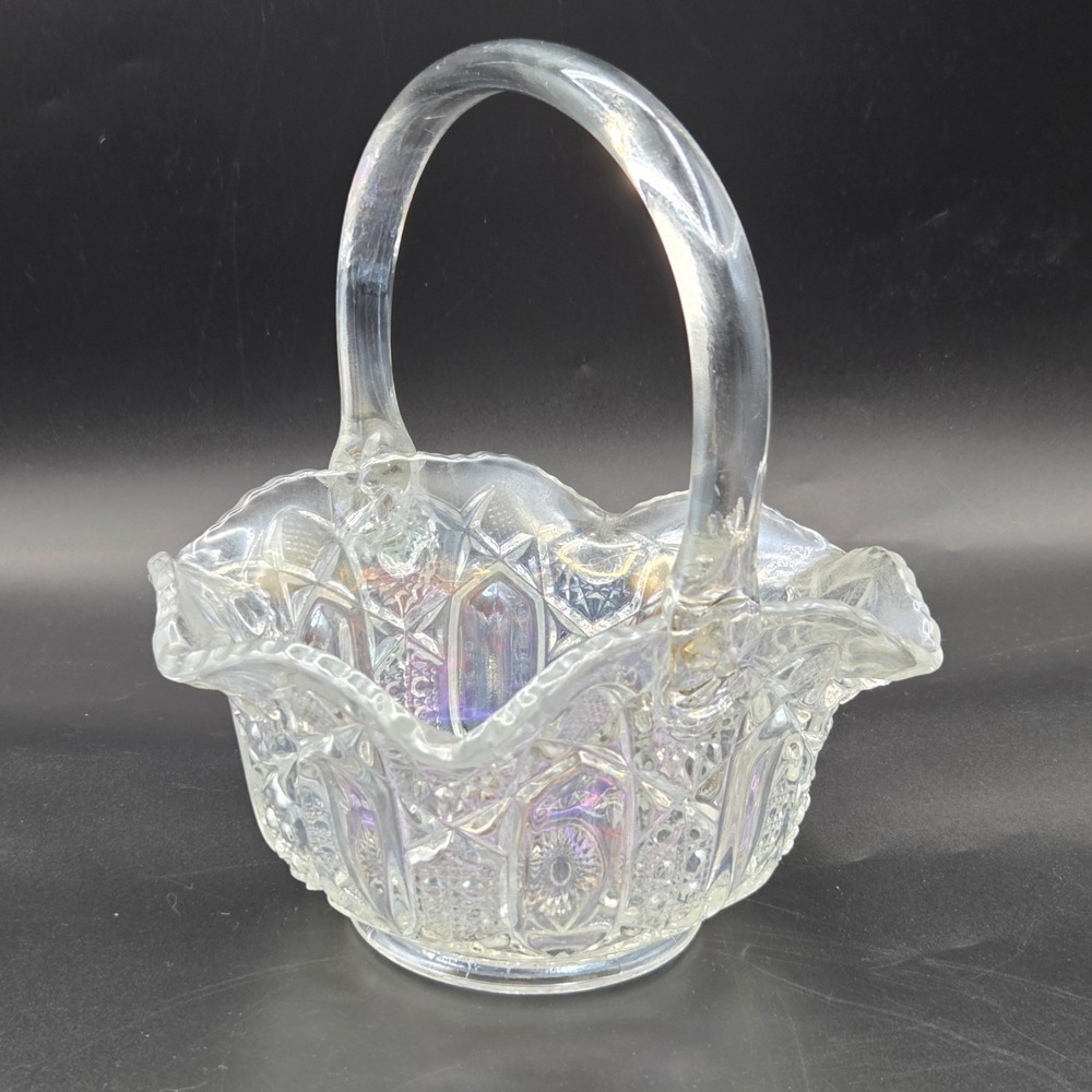 Vintage LE Smith Glass Basket Crystal Irridescent Glass Quintec Pattern 8" TALL